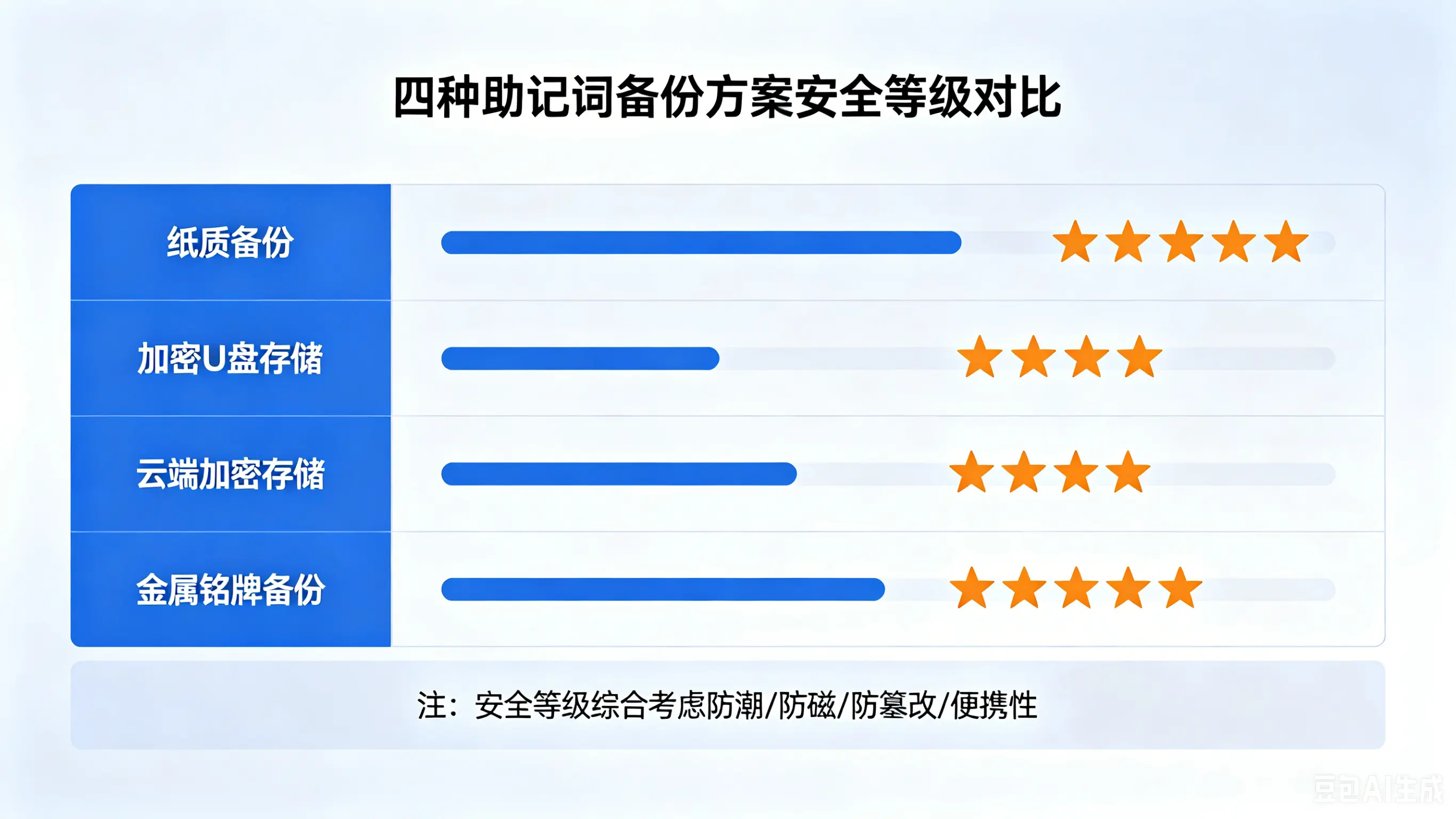 四种助记词备份方案安全等级对比图