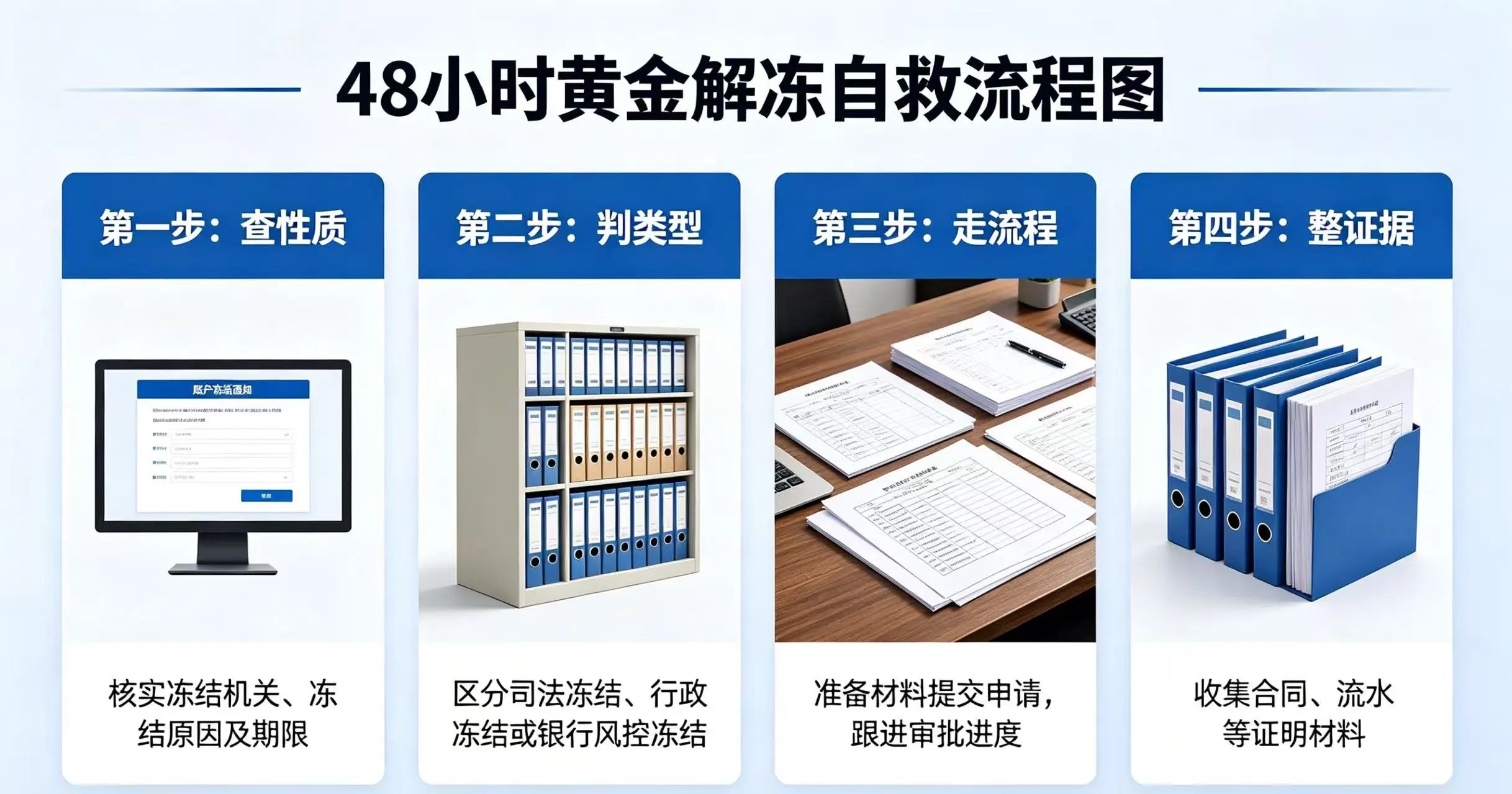 48 小时黄金解冻流程，呈现查性质、判类型、走流程和整证据四个自救步骤