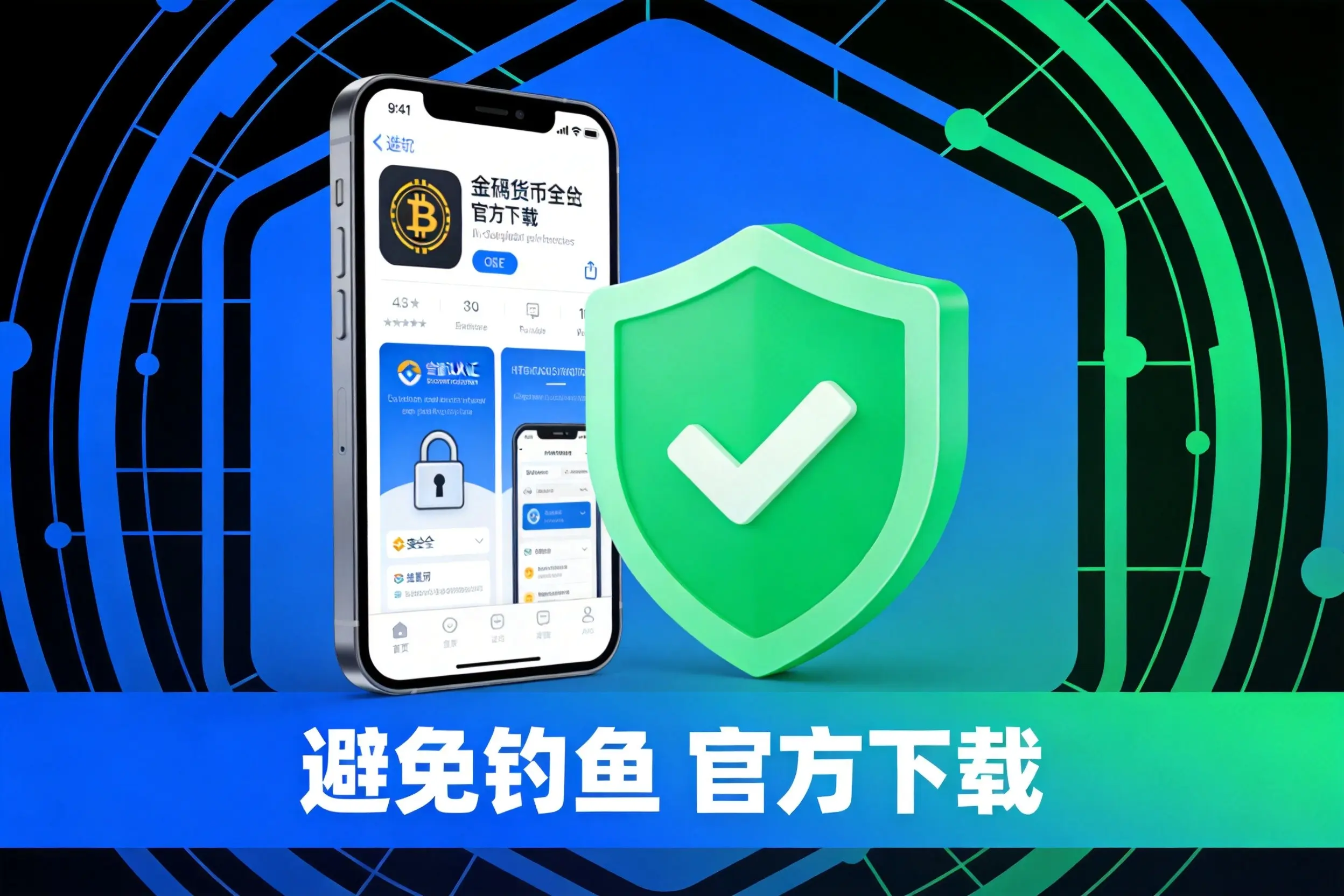 蓝绿科技风格加密APP安全防钓鱼提示图，官方下载与防诈骗提醒