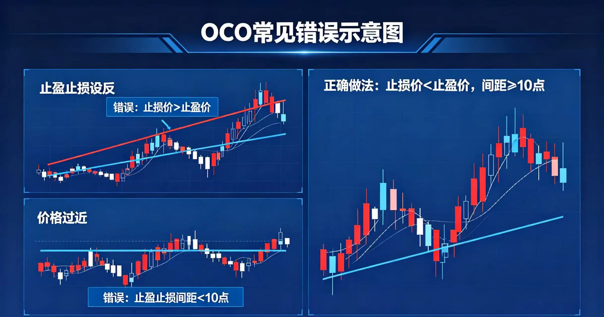 OCO 常见错误示意图，清晰展示止盈止损设反、价格过近等典型错误案例