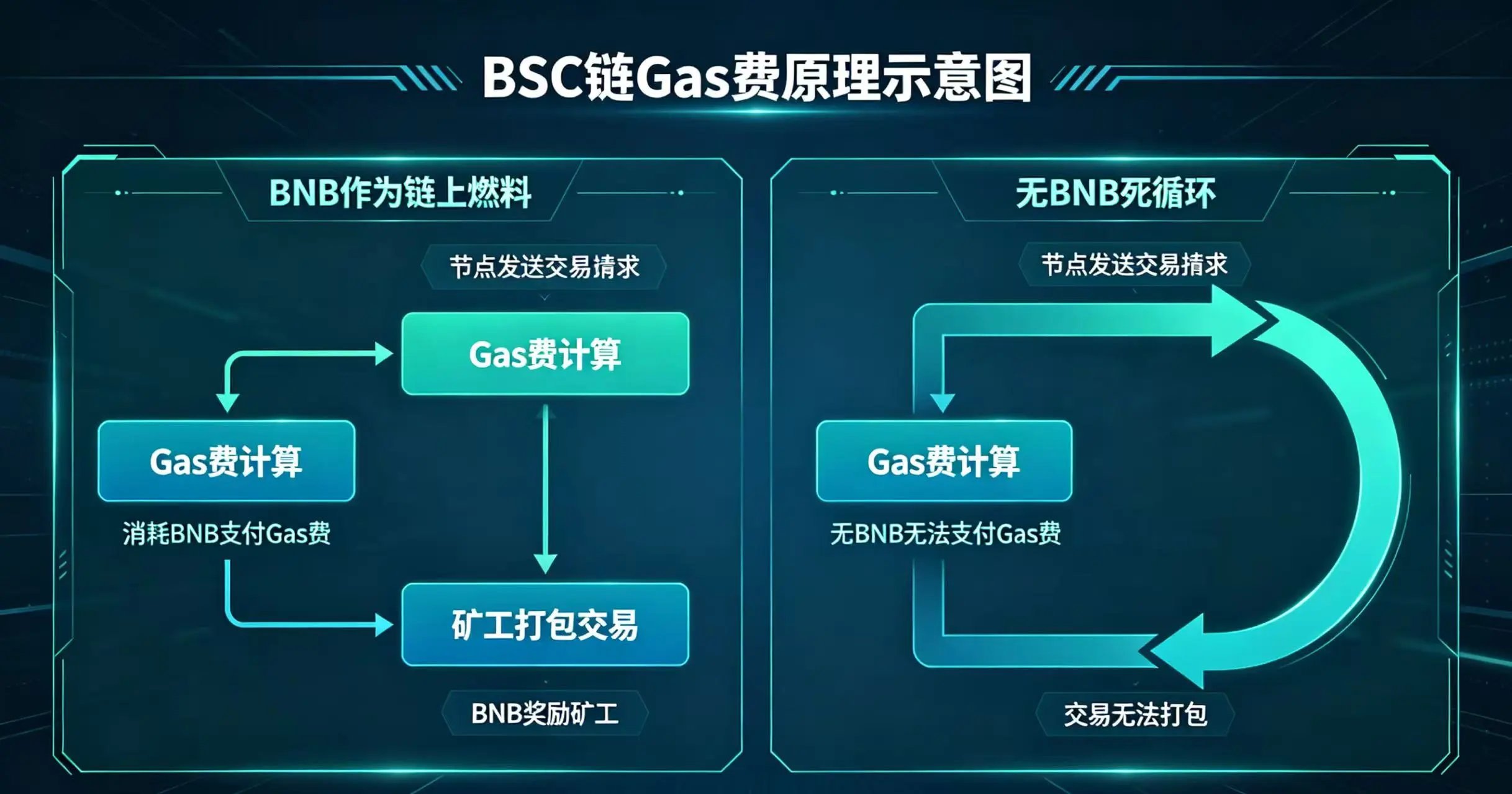 ：BSC 链 Gas 费原理示意图，直观展示 BNB 作为链上燃料的作用，以及无 BNB 无法转账的死循环