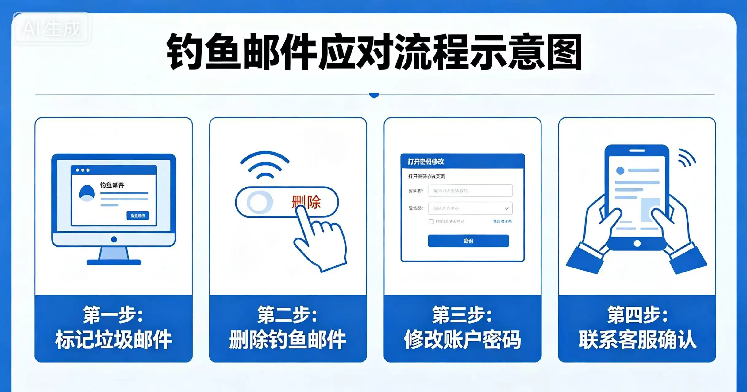 钓鱼邮件应对流程示意图,清晰展示收到钓鱼邮件后标记垃圾、删除、修改密码、联系客服的正确步骤 钓鱼邮件应对流程示意图,清晰展示收到钓鱼邮件后标记垃圾、删除、修改密码、联系客服的正确步骤