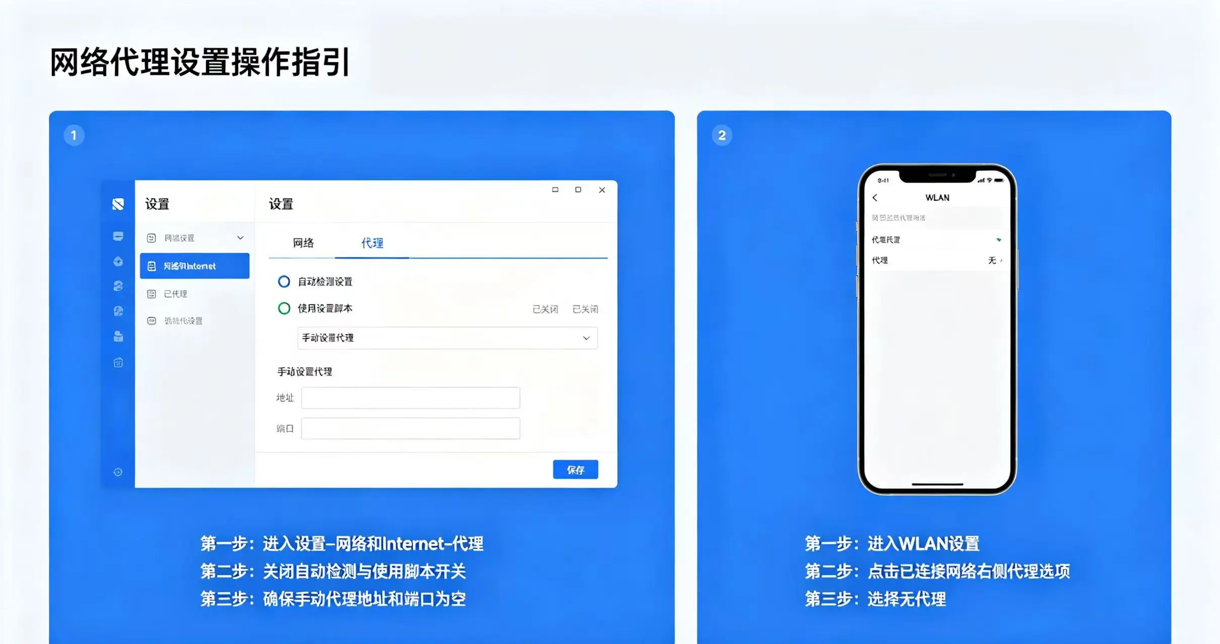 电脑和手机的网络设置界面，展示如何检查和关闭代理工具