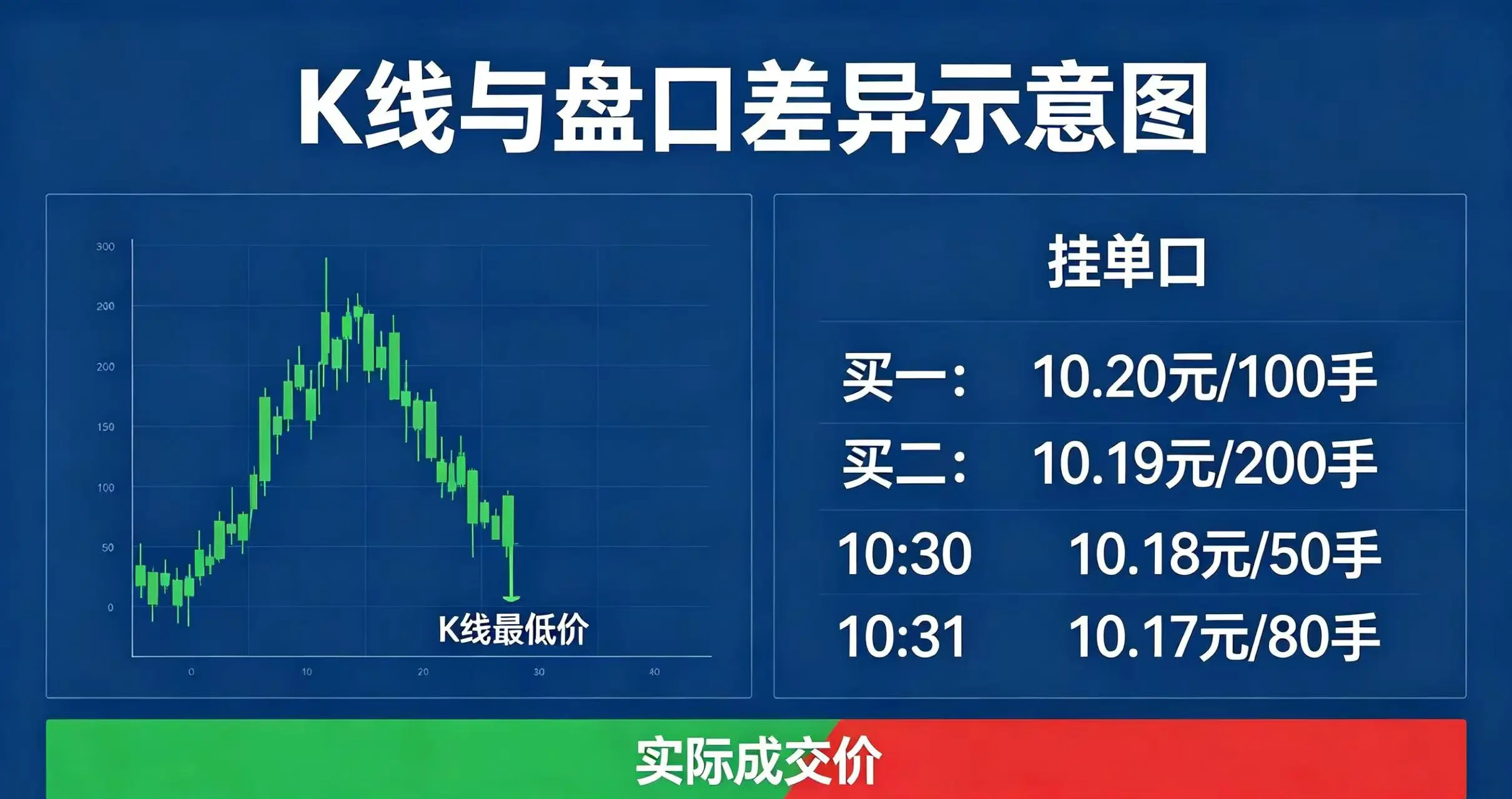 K 线与盘口差异示意图，展示 K 线最低价和实际成交的区别。
