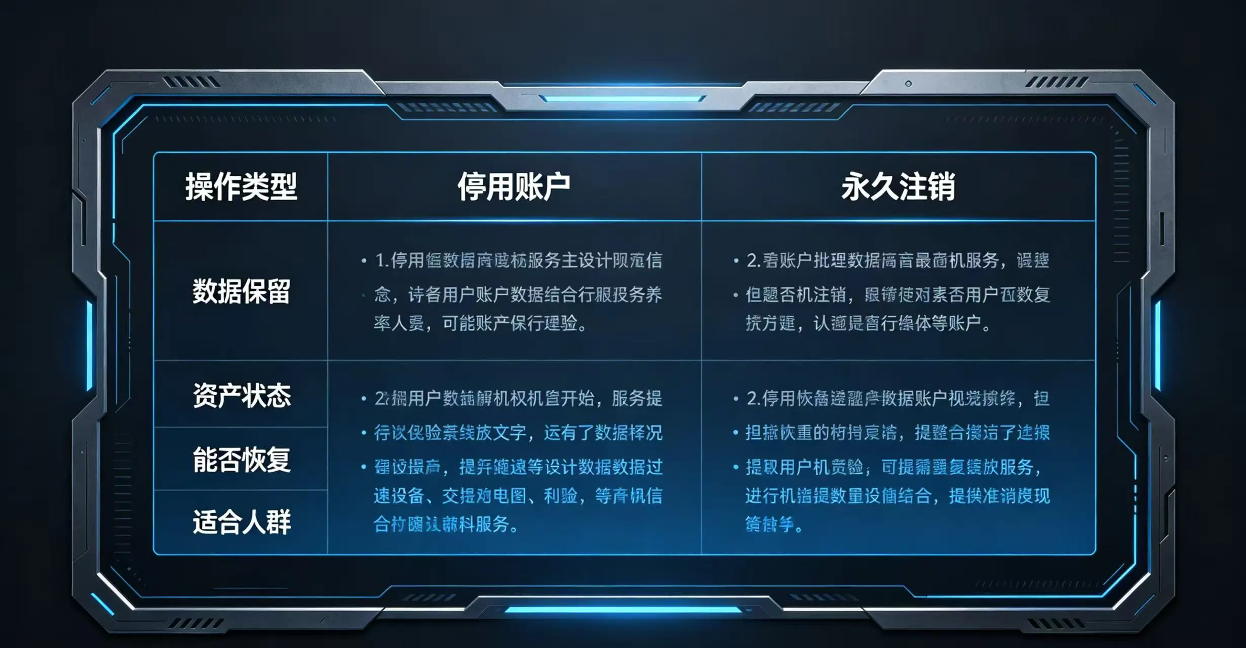 以清晰的表格形式，对比展示 “停用账户” 和 “永久注销” 在数据保留、资产状态、能否恢复等方面的区别