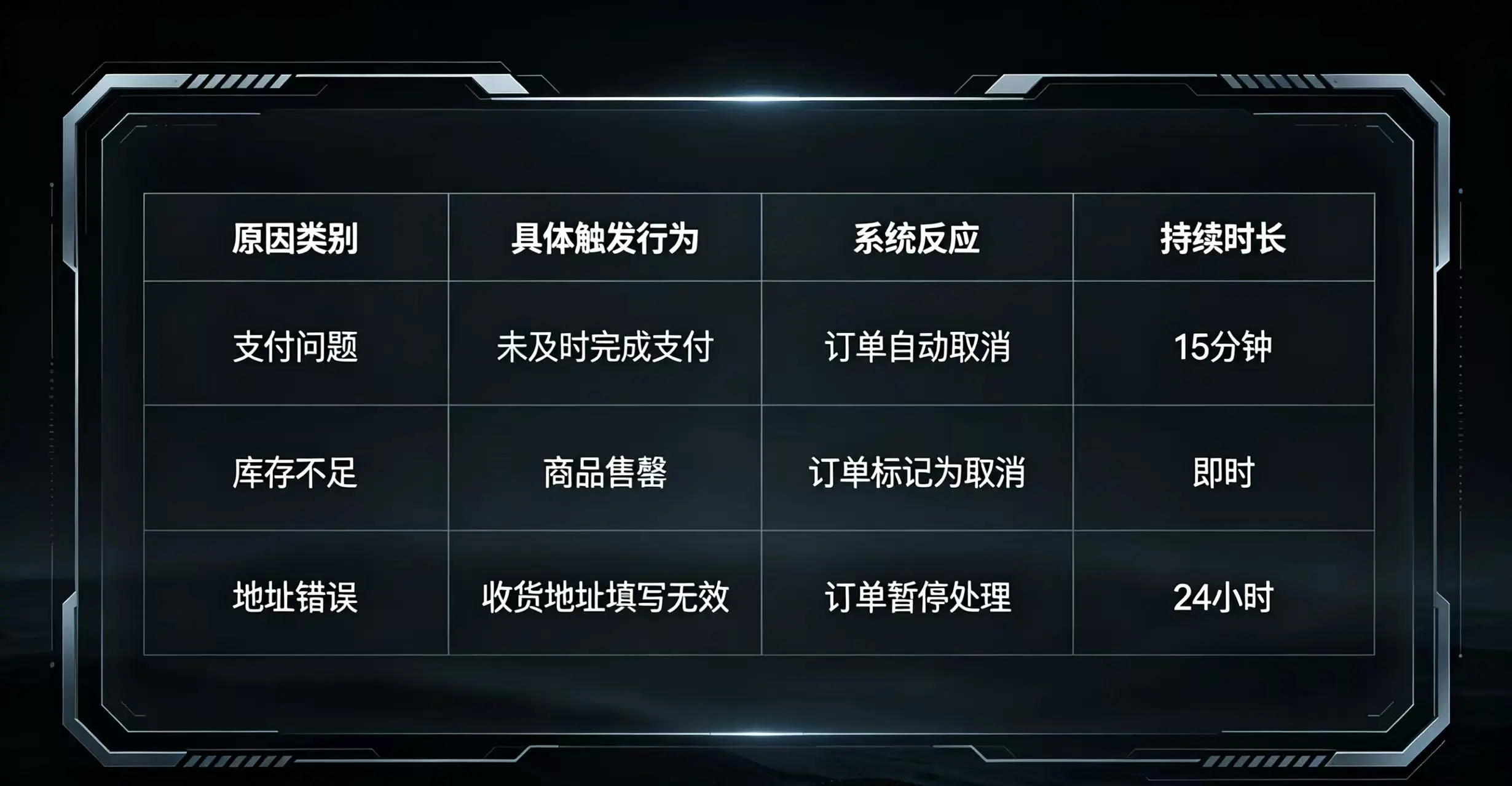 以清晰的表格形式，列出了导致订单被取消的原因类别、具体行为、系统反应和持续时长。