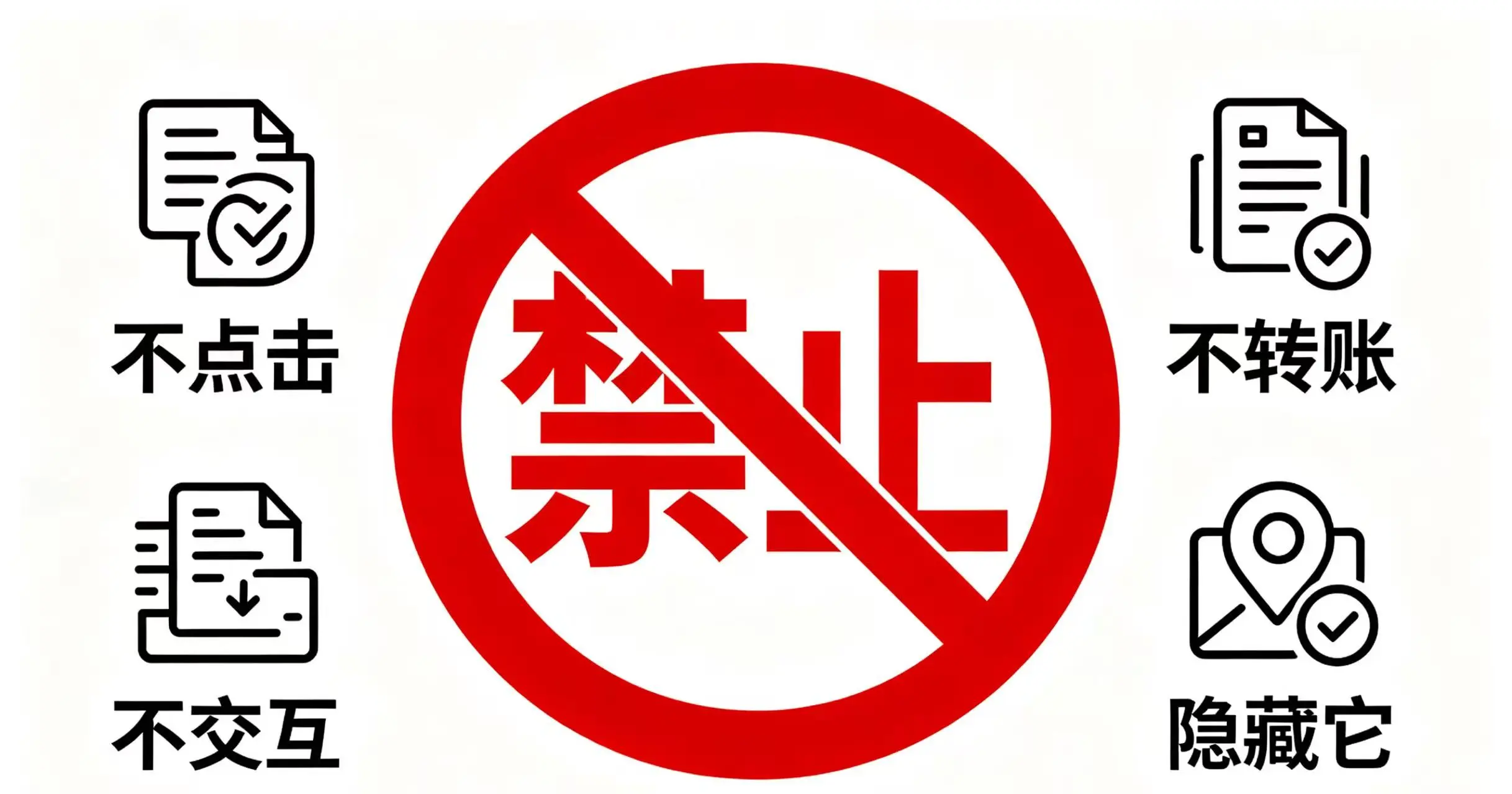  以图标形式展示 “不点击”、“不交互”、“不转账”、“隐藏它” 这四条核心安全操作规则的指南图。