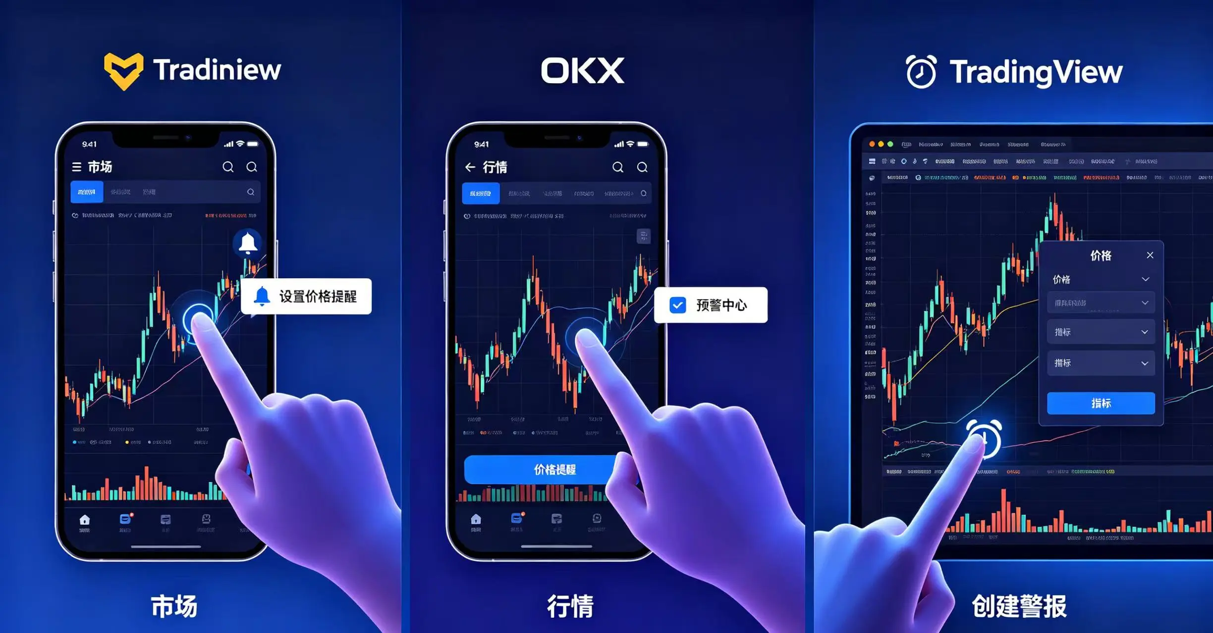 画面分三部分展示了三个平台的设置方法:币安 App 点击铃铛图标;OKXApp 点击 “价格提醒” 按钮;TradingView 网页点击闹钟图标。 画面分三部分展示了三个平台的设置方法:币安 App 点击铃铛图标;OKXApp 点击 “价格提醒” 按钮;TradingView 网页点击闹钟图标。