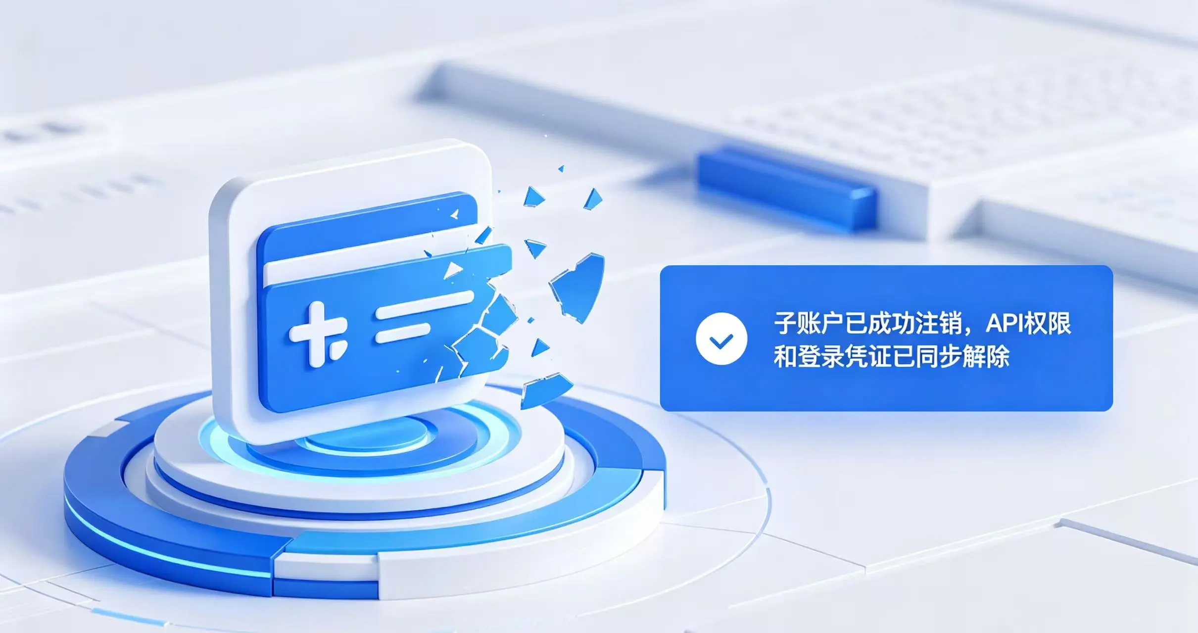 一个子账户图标碎裂消失，背景中的主账户图标更加清晰稳固，提示子账户已成功注销。