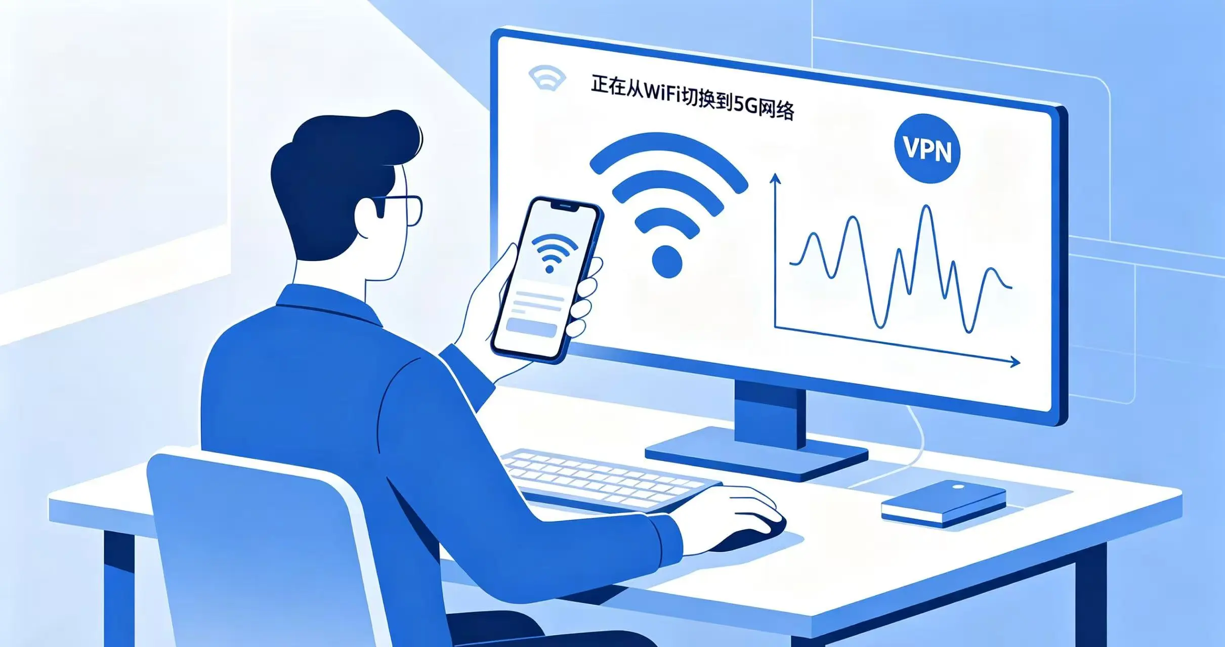 展示用户正在切换网络接入方式(从 WiFi 切换到 5G)或检查 VPN 节点的场景。 展示用户正在切换网络接入方式(从 WiFi 切换到 5G)或检查 VPN 节点的场景。