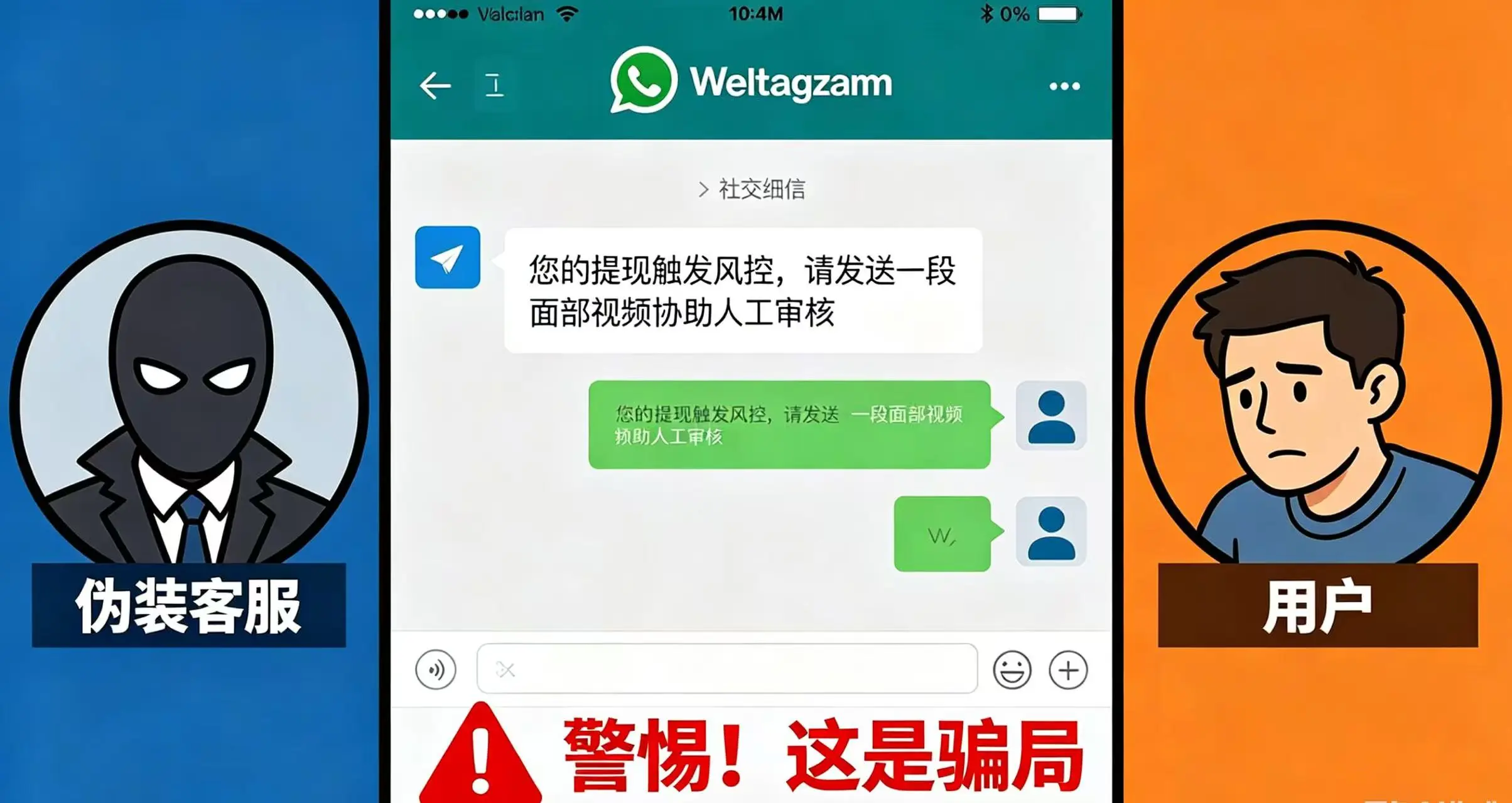 展示骗子如何通过 Telegram、WhatsApp 等社交平台,冒充官方客服,以 “视频验证” 为幌子进行诈骗的常见手段。 展示骗子如何通过 Telegram、WhatsApp 等社交平台,冒充官方客服,以 “视频验证” 为幌子进行诈骗的常见手段。
