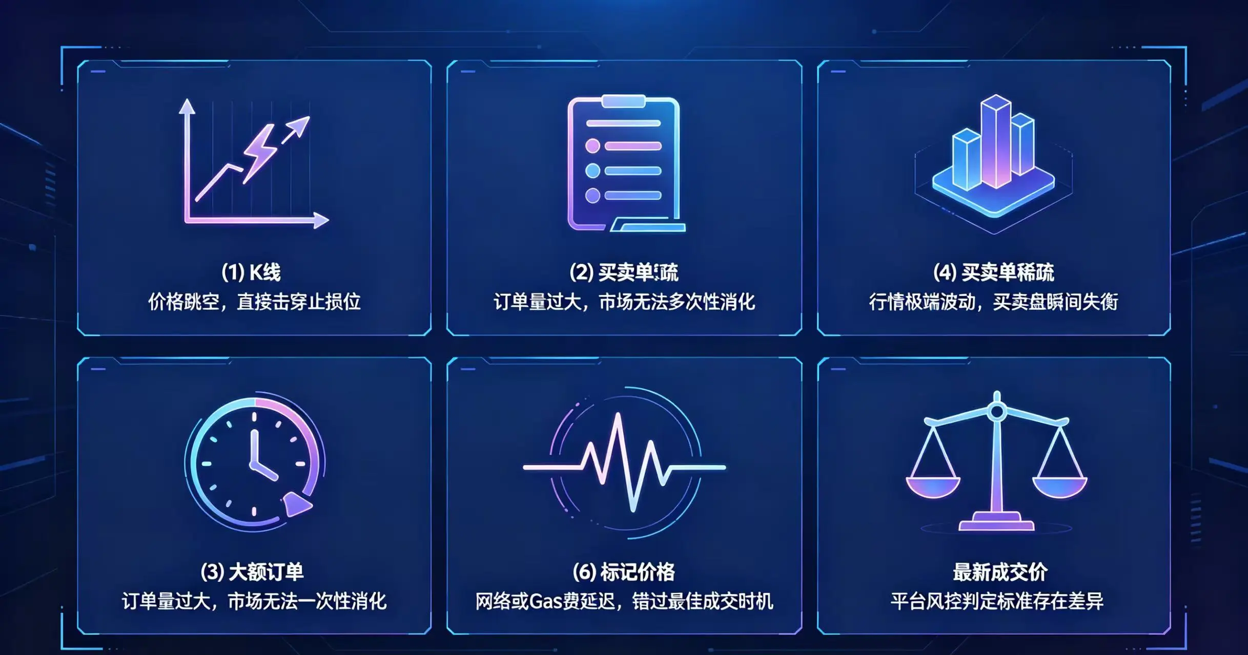 用一个信息图表的形式,将 6 个主要原因(价格跳空、流动性不足、订单过大、剧烈波动、网络延迟、风控差异)分别用图标和简短文字说明,让读者能快速识别并理解价差产生的根源。 用一个信息图表的形式,将 6 个主要原因(价格跳空、流动性不足、订单过大、剧烈波动、网络延迟、风控差异)分别用图标和简短文字说明,让读者能快速识别并理解价差产生的根源。