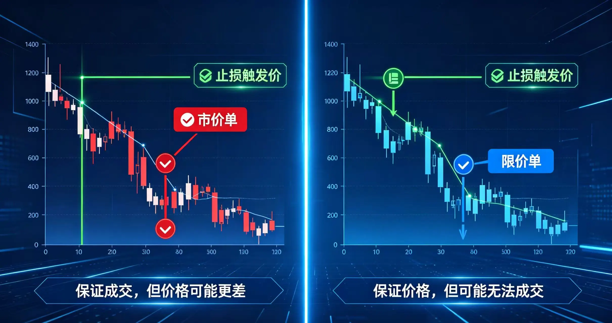 “止损市价单” 和 “止损限价单” 在面对价格跳空时的不同表现和结果 “止损市价单” 和 “止损限价单” 在面对价格跳空时的不同表现和结果