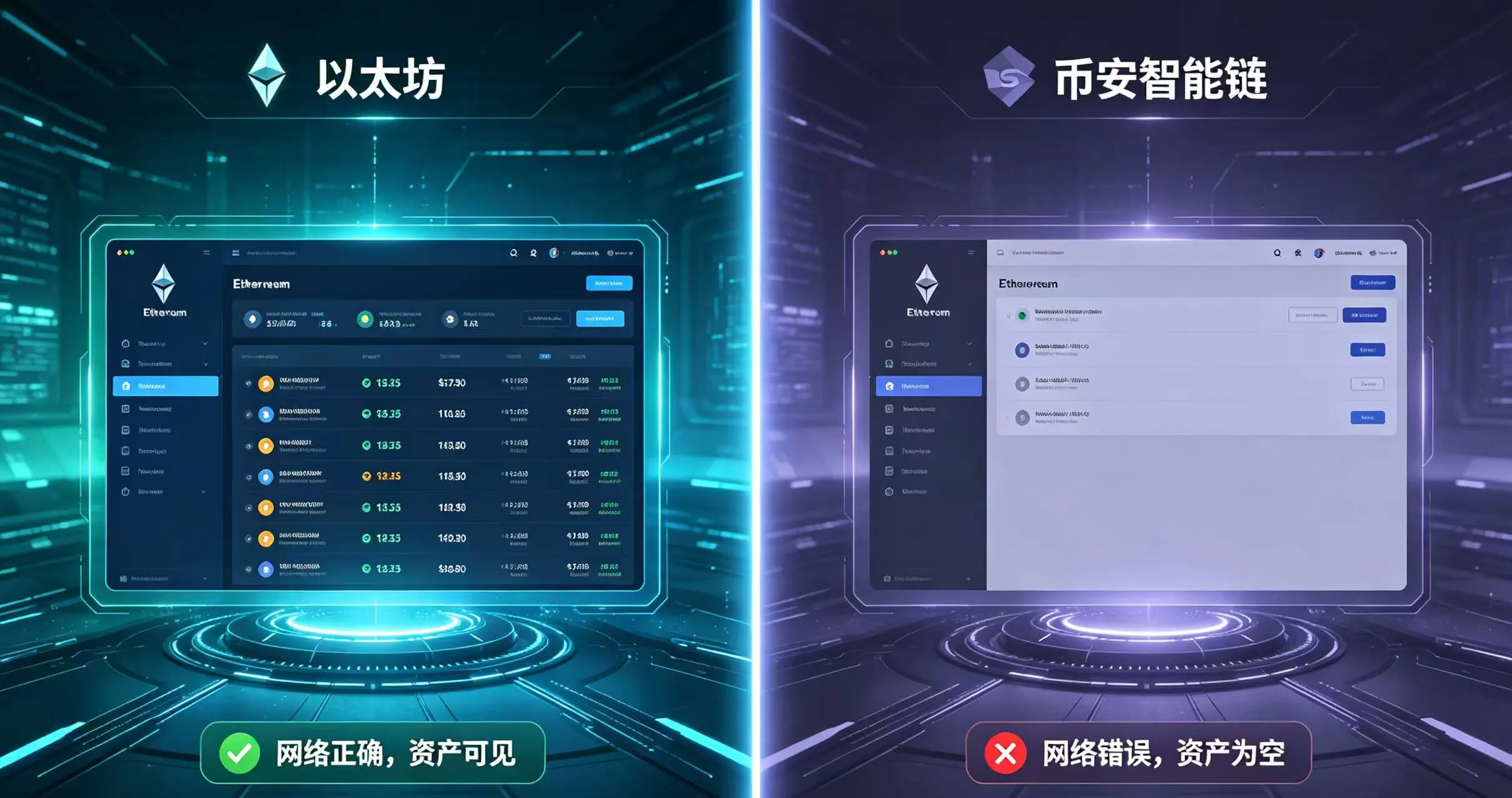用一个对比图,直观地展示 “选错网络” 的后果 用一个对比图,直观地展示 “选错网络” 的后果