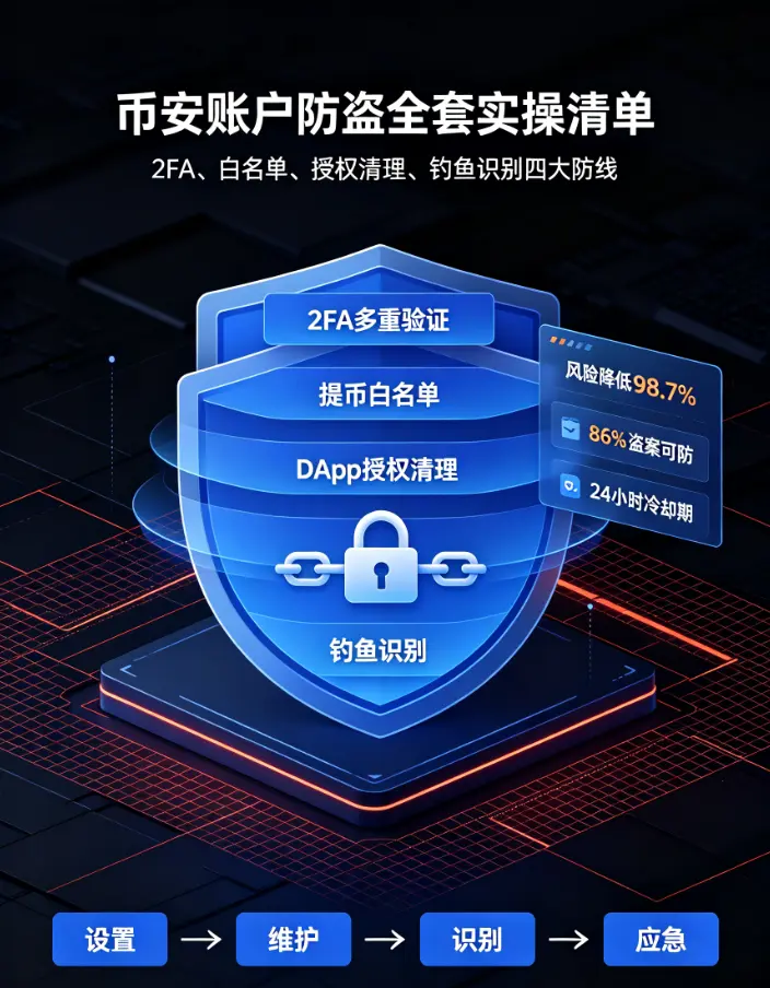 比安账户防盗实操清单：2FA、提币白名单、DApp授权清理、钓鱼识别四大安全防线完整版指南