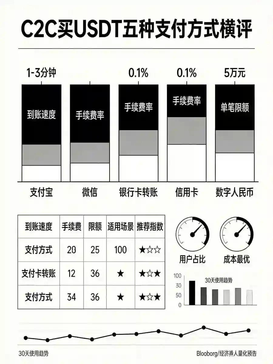 C2C买USDT实操拆解：2026年5种支付方式到账速度与手续费横评